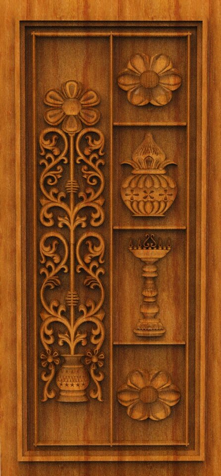 3D DOOR - OAK-98 Traditional Spiritual Floral & Kalash Carved Door 3D Relief Model